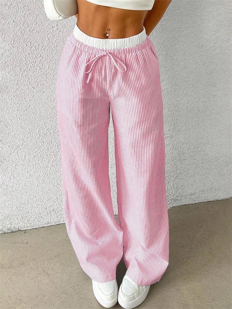 Damen Gestreifte Freizeithose mit Kordelzug und weitem Bein