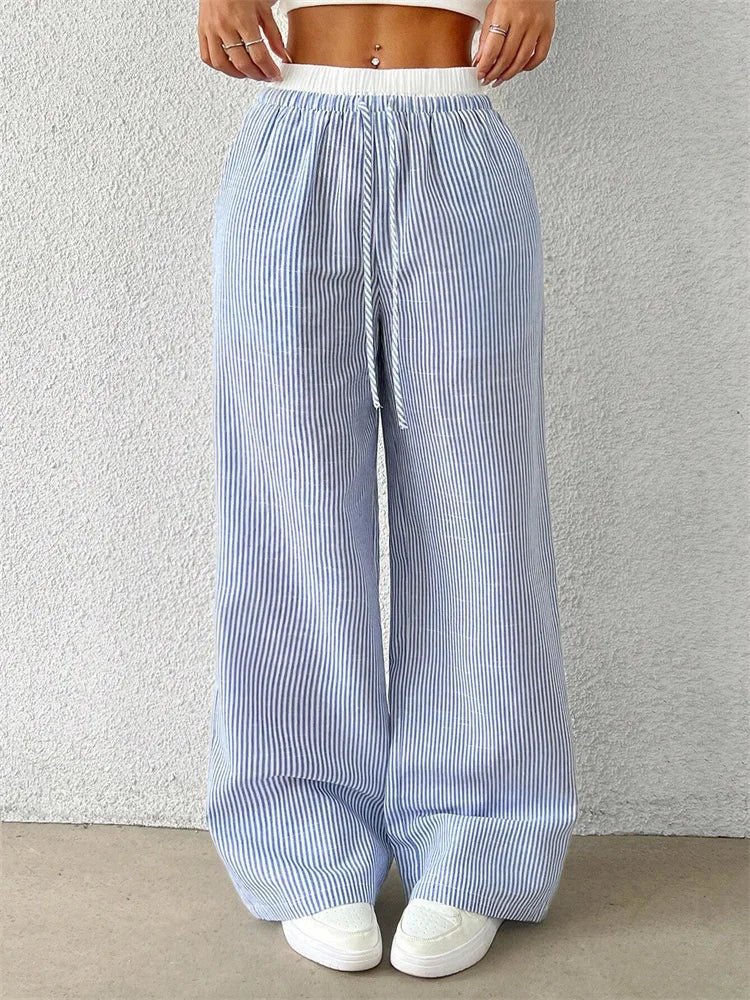 Damen Gestreifte Freizeithose mit Kordelzug und weitem Bein