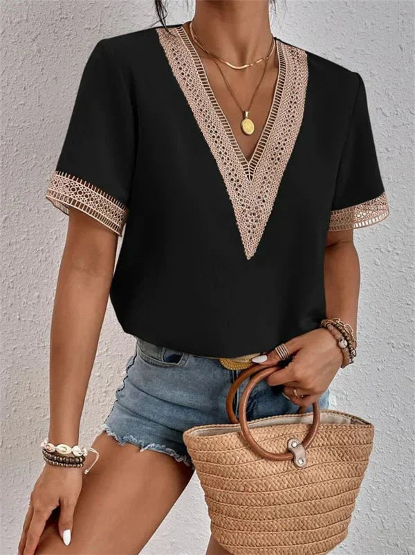 Damen V-Ausschnitt Shirt mit Spitzenbesatz