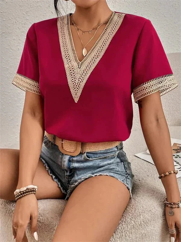 Damen V-Ausschnitt Shirt mit Spitzenbesatz