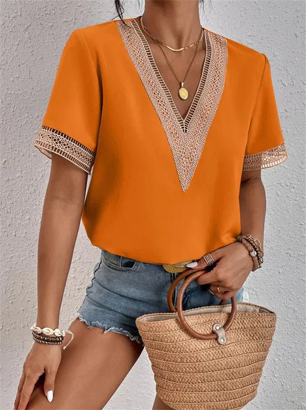 Damen V-Ausschnitt Shirt mit Spitzenbesatz