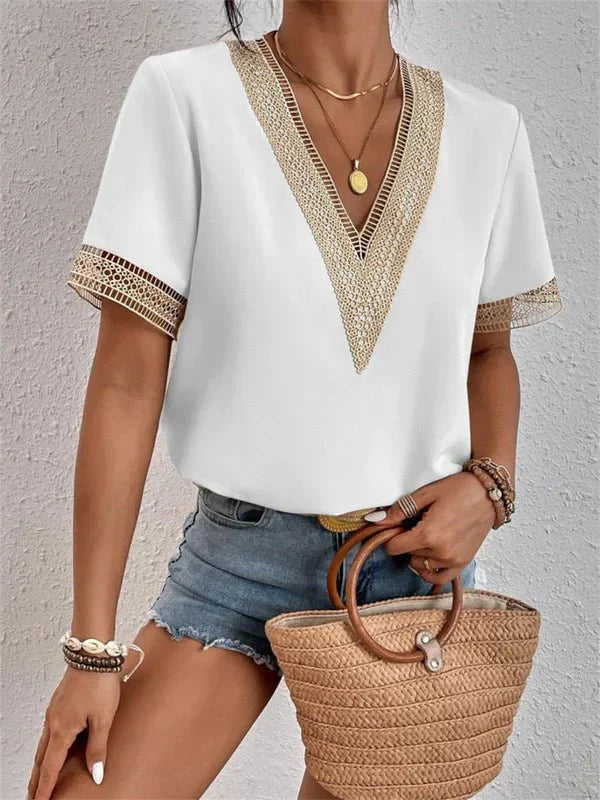 Damen V-Ausschnitt Shirt mit Spitzenbesatz