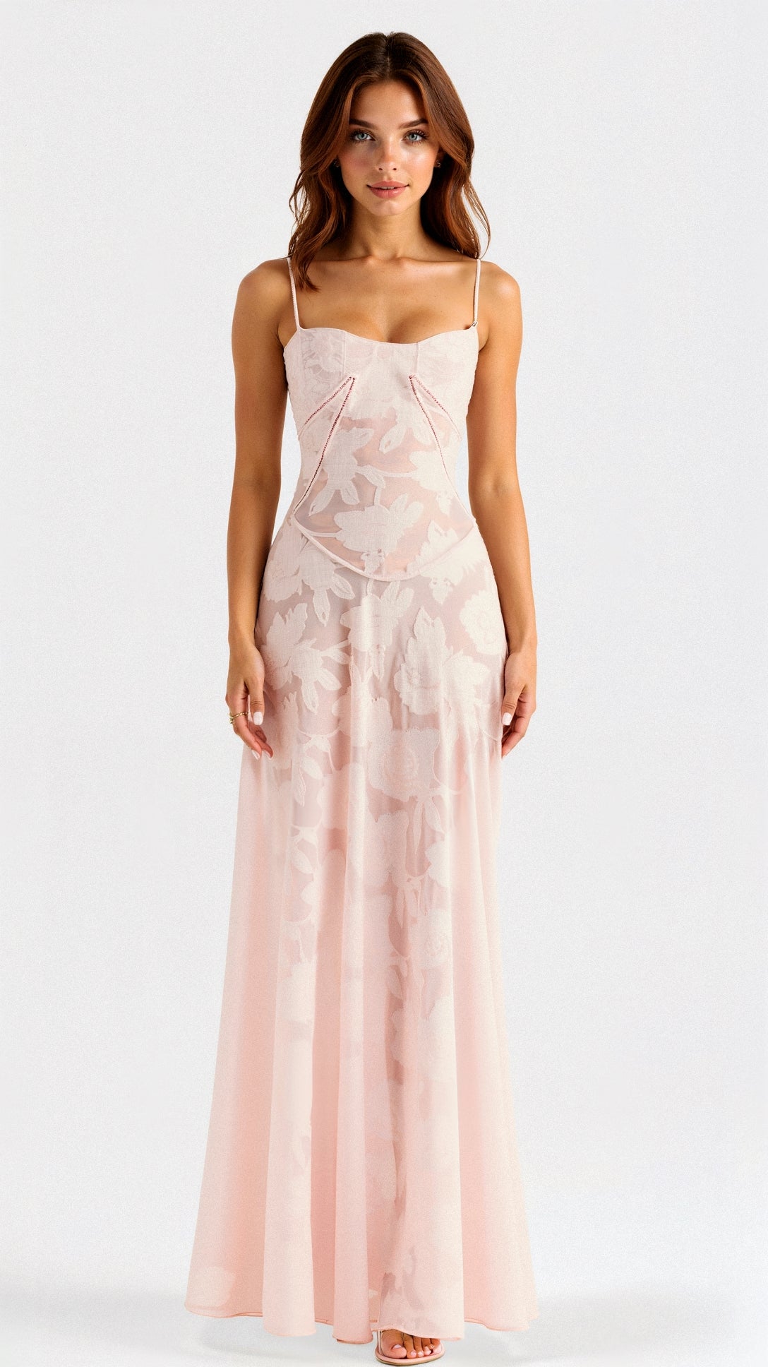 Maxikleid mit Spaghettiträgern und floralen Detail