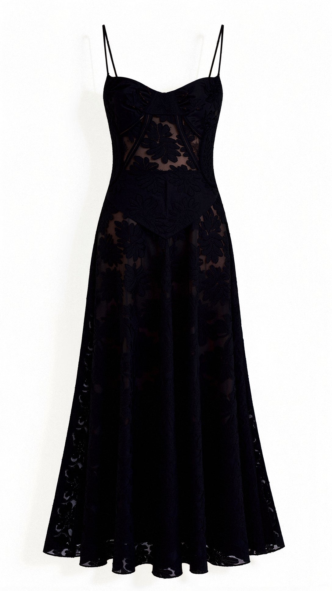 Maxikleid mit Spaghettiträgern und floralen Detail
