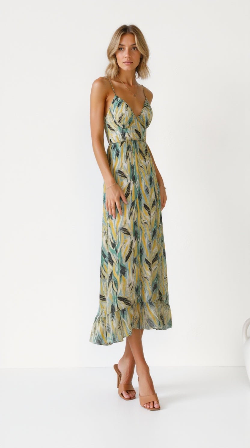 Sommerliches Maxikleid mit Spaghettiträgern und abstraktem Print