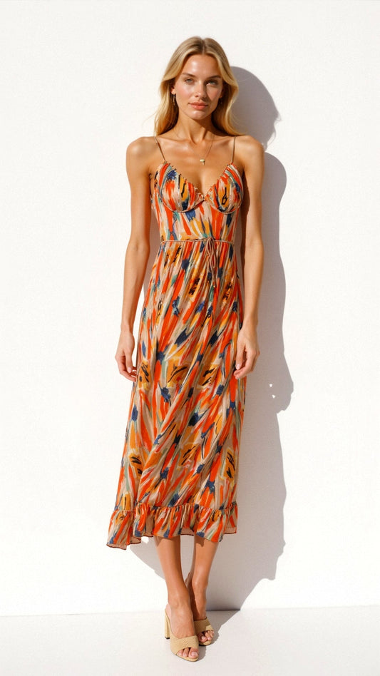 Sommerliches Maxikleid mit Spaghettiträgern und abstraktem Print