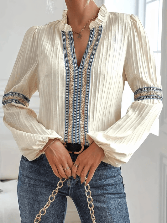 Damen Boho-Bluse mit Stickdetails und weitem Ärmel