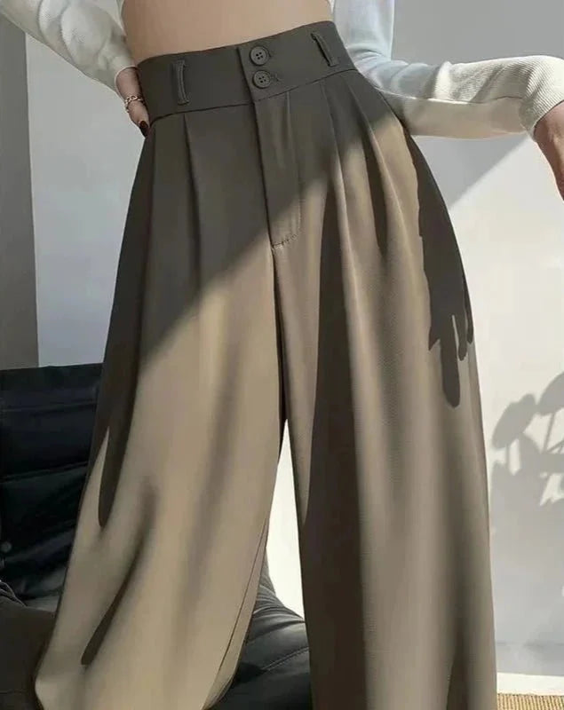 Damen High-Waist Business-Hose mit weitem Bein und Falten-Design
