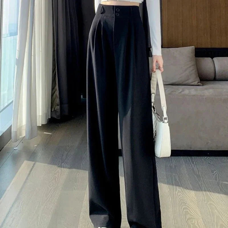 Damen High-Waist Business-Hose mit weitem Bein und Falten-Design