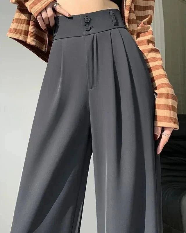 Damen High-Waist Business-Hose mit weitem Bein und Falten-Design