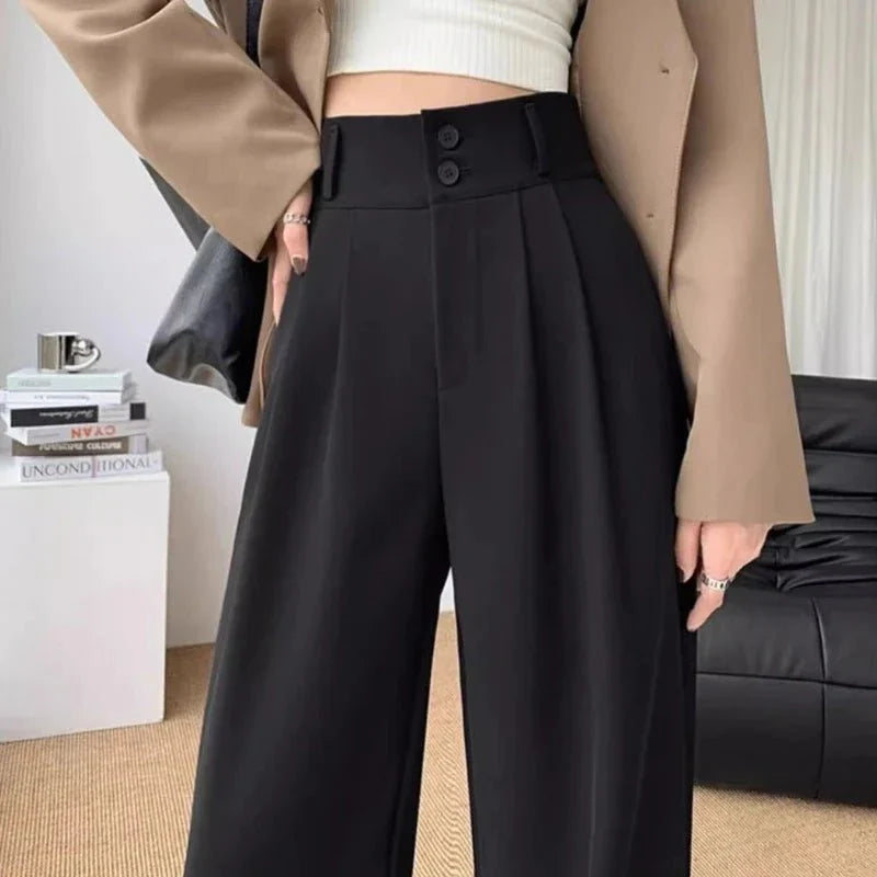 Damen High-Waist Business-Hose mit weitem Bein und Falten-Design