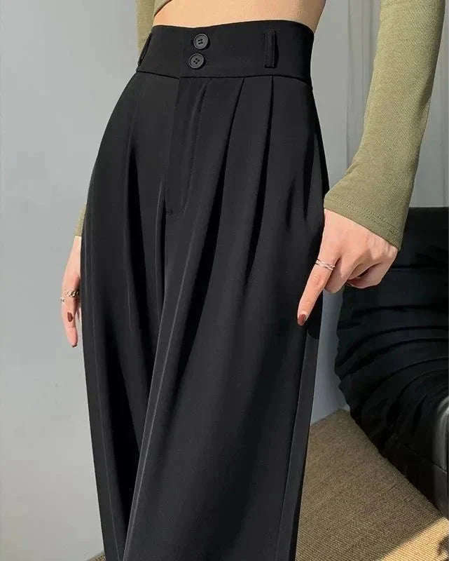 Damen High-Waist Business-Hose mit weitem Bein und Falten-Design