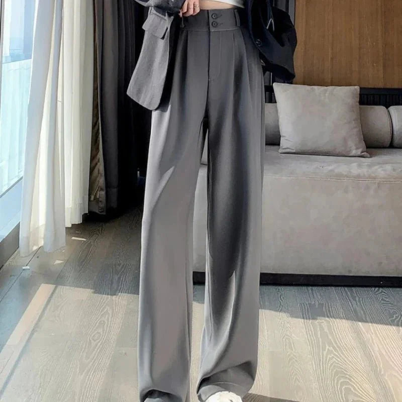Damen High-Waist Business-Hose mit weitem Bein und Falten-Design