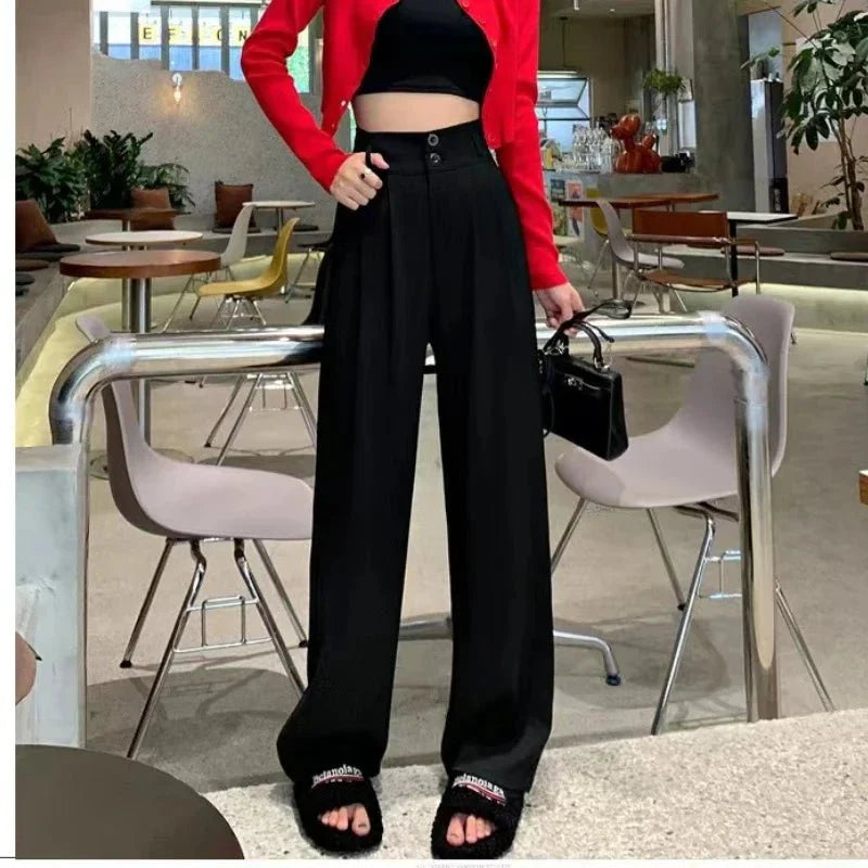 Damen High-Waist Business-Hose mit weitem Bein und Falten-Design