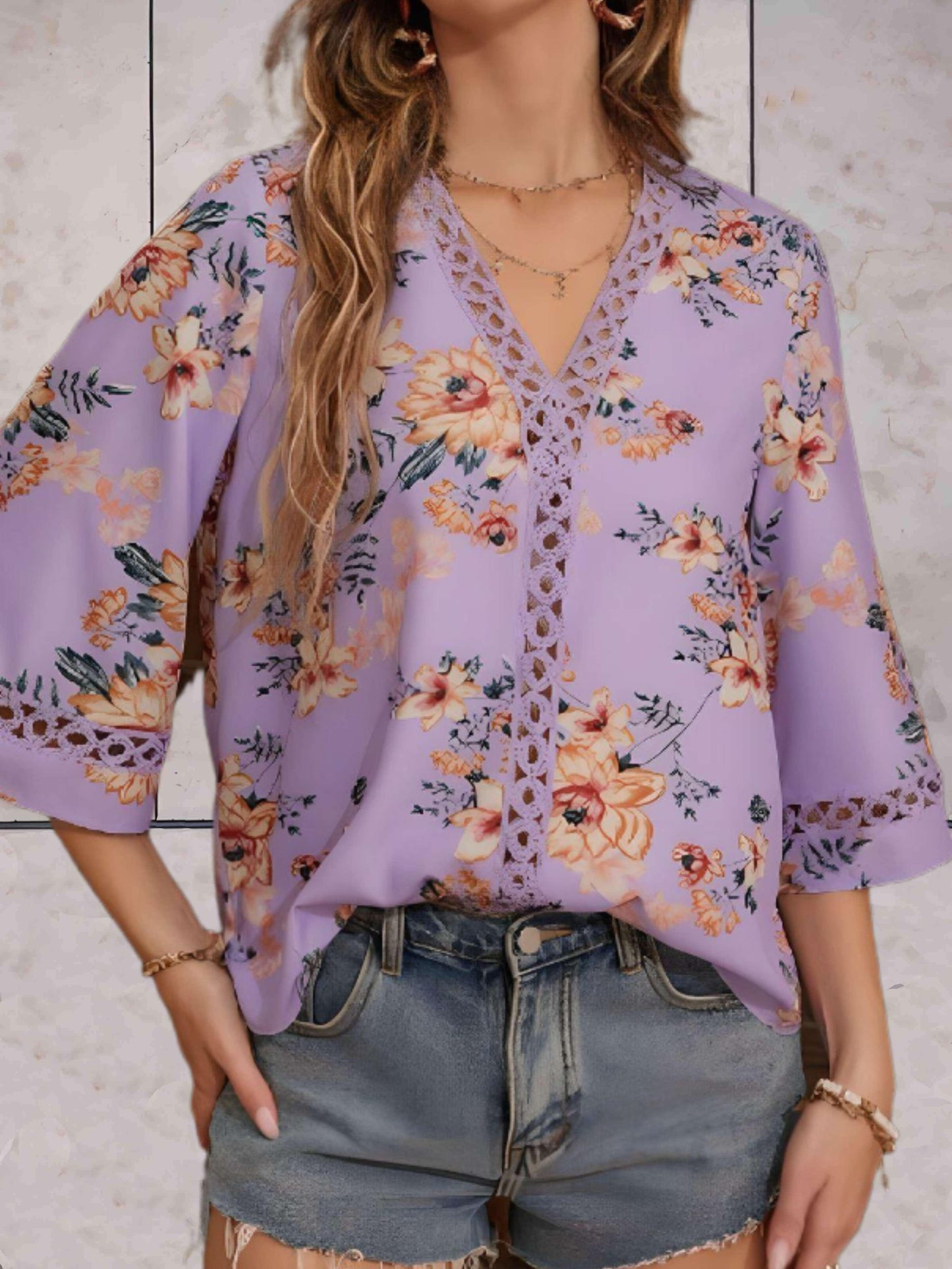 Damen V-Ausschnitt Bluse mit Blumenmuster und halblangen Ärmeln