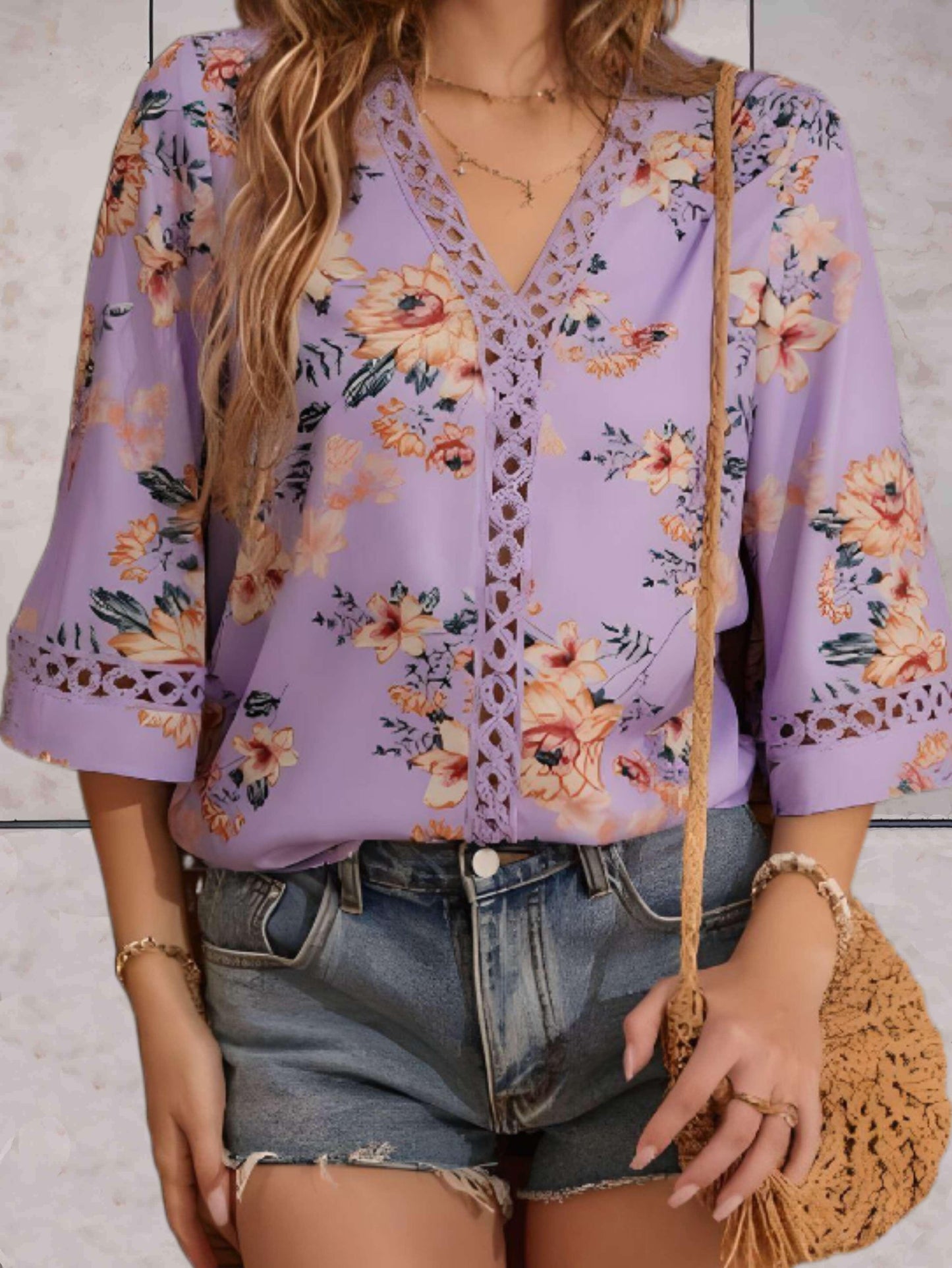 Damen V-Ausschnitt Bluse mit Blumenmuster und halblangen Ärmeln