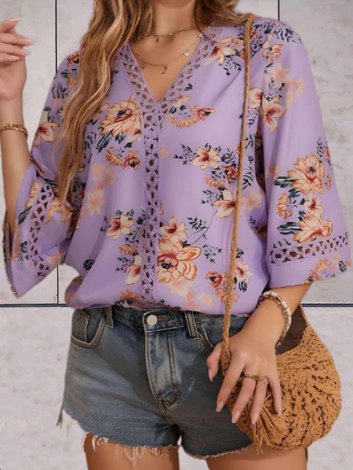 Damen V-Ausschnitt Bluse mit Blumenmuster und halblangen Ärmeln
