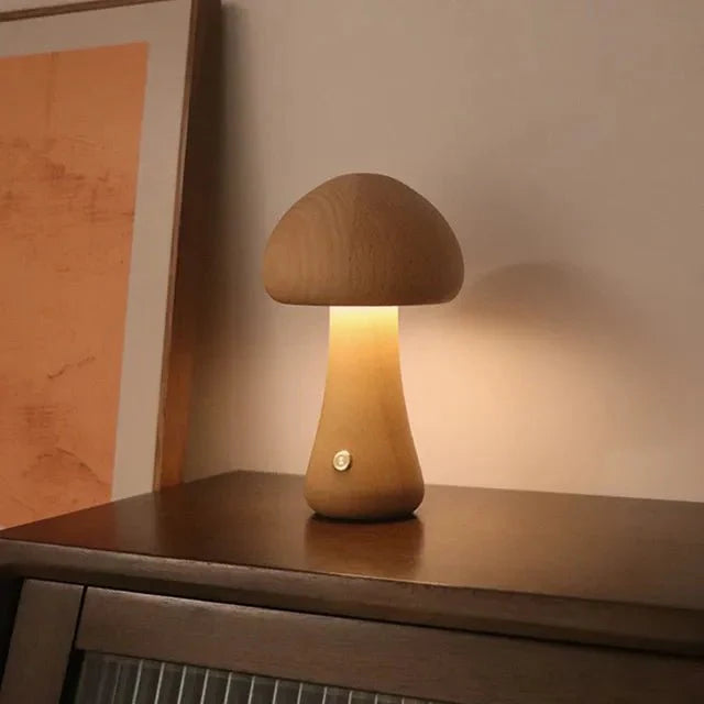 Kabellose Pilzform-Tischlampe aus Holz mit warmem LED-Licht