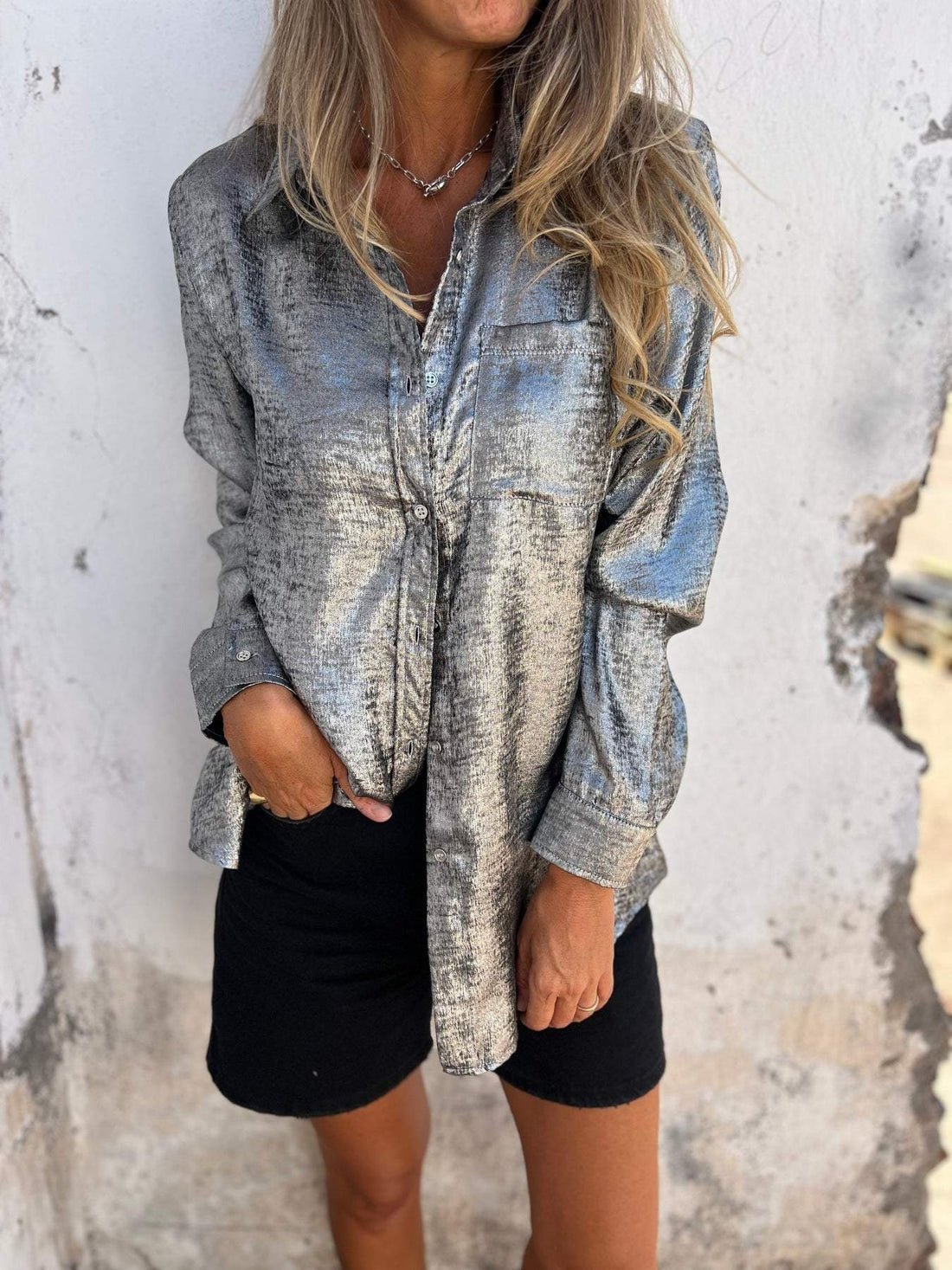 Damen Langarm-Bluse mit Washed-Effekt und Knopfleiste