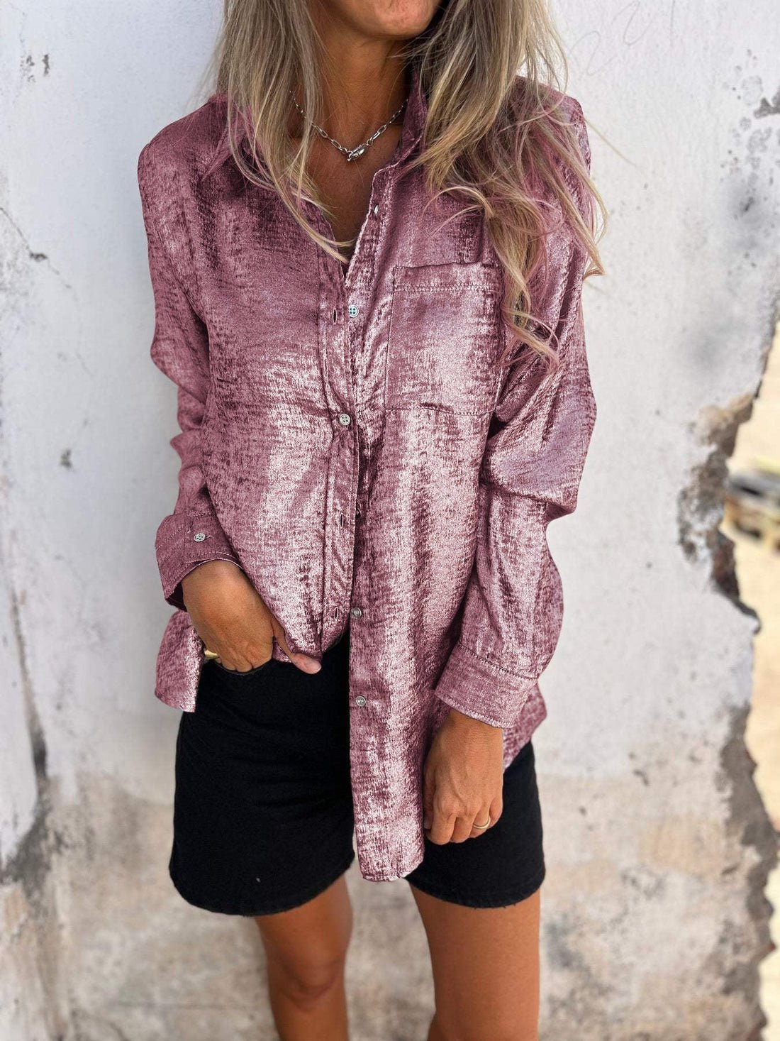 Damen Langarm-Bluse mit Washed-Effekt und Knopfleiste