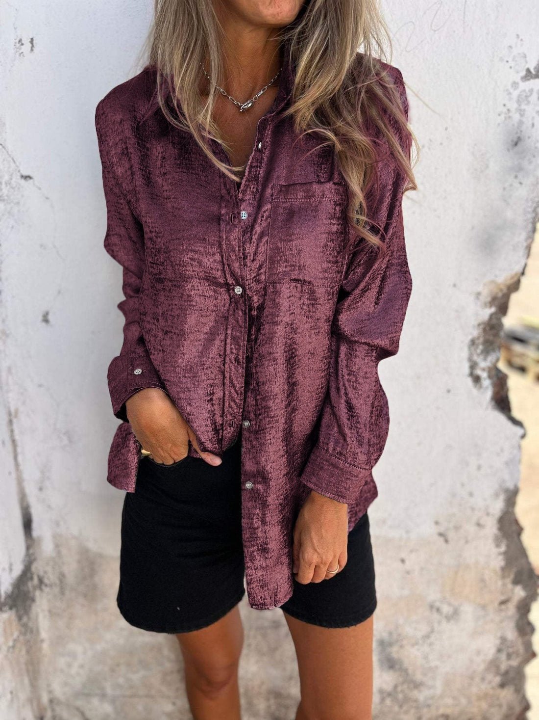 Damen Langarm-Bluse mit Washed-Effekt und Knopfleiste