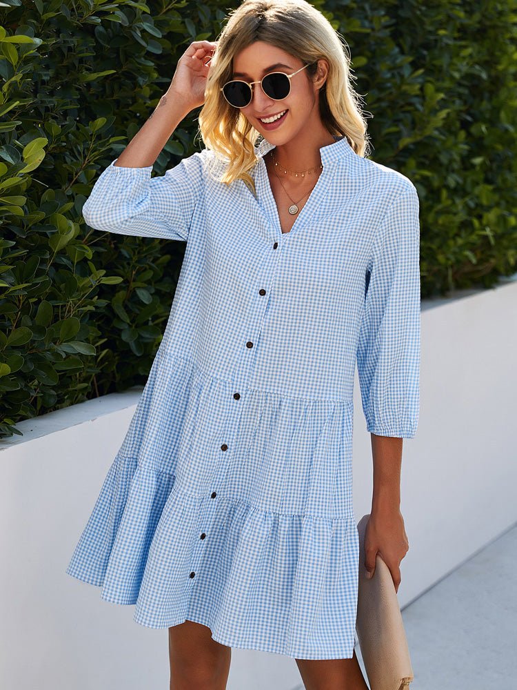 Damen Hemdblusenkleid mit Vichy-Karo und Stehkragen