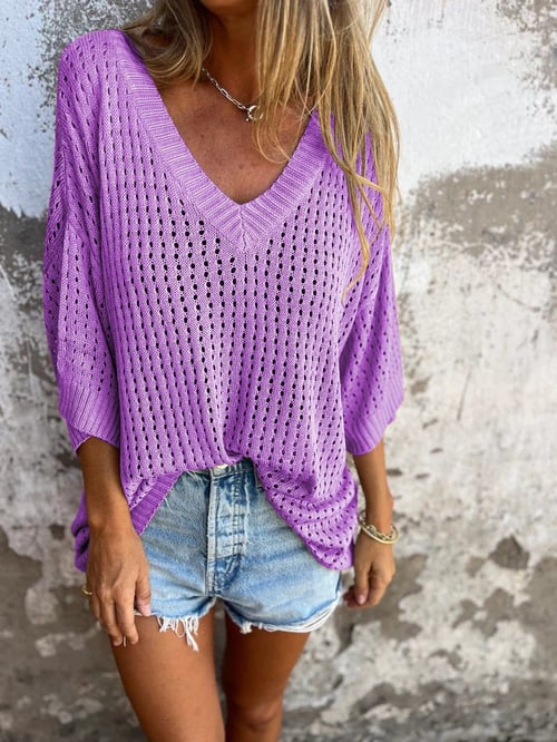 Damen Häkel-Strickpullover mit V-Ausschnitt und weitem Schnitt
