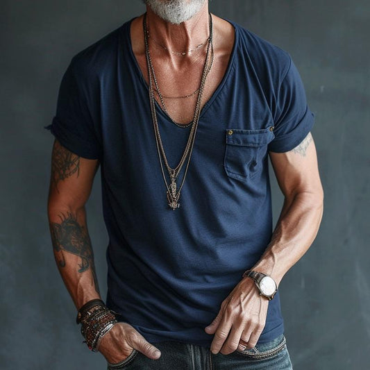 Herren T-Shirt mit V-Ausschnitt und Brusttasche aus Baumwolle