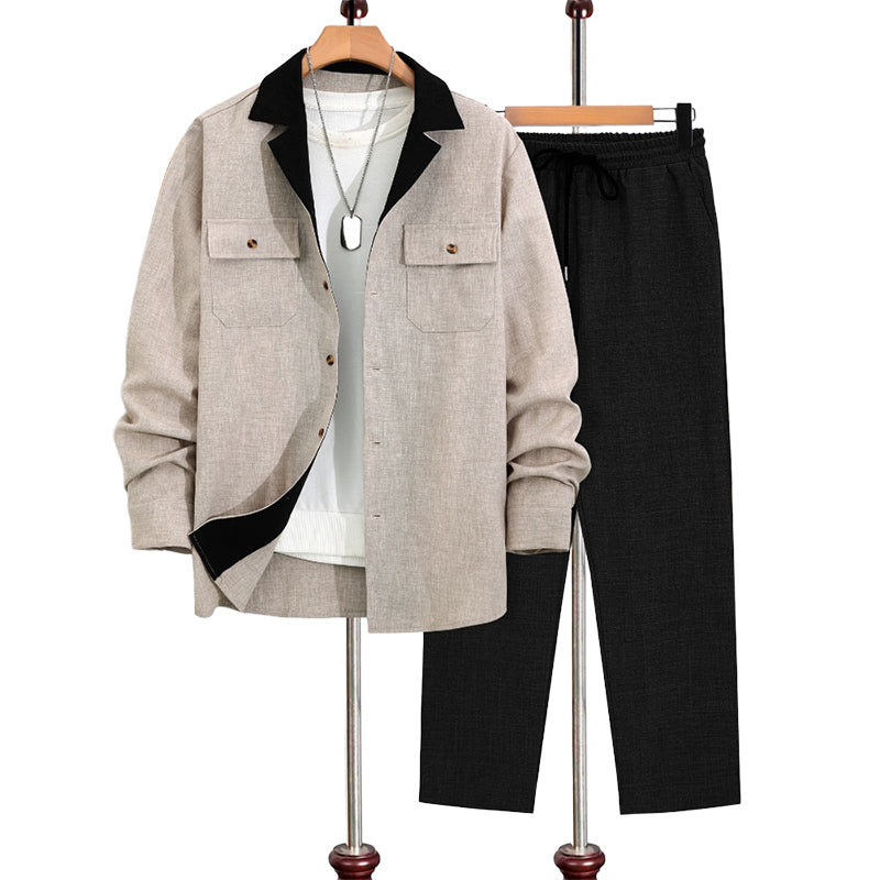 Herren Freizeit--Zweiteiler: Langarmhemd mit Revers & Hose