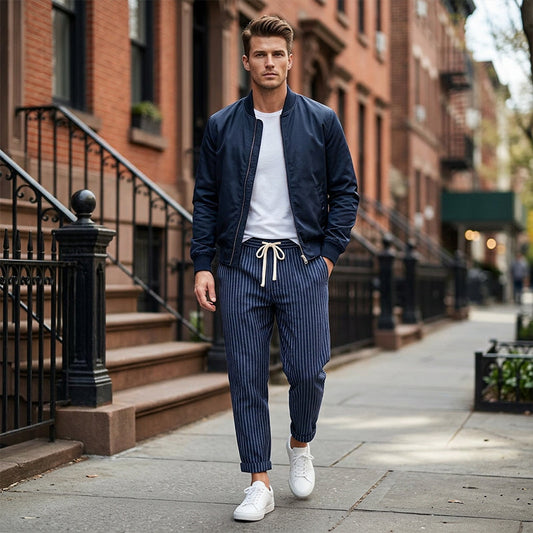 Herren Freizeithose aus Leinenmischung mit Streifenmuster – leicht, atmungsaktiv & bequem