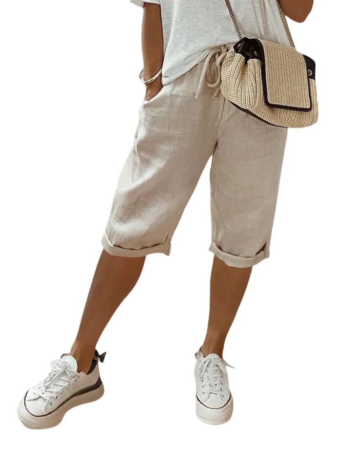Damen Leinen-Shorts mit Kordelzug und Umschlag