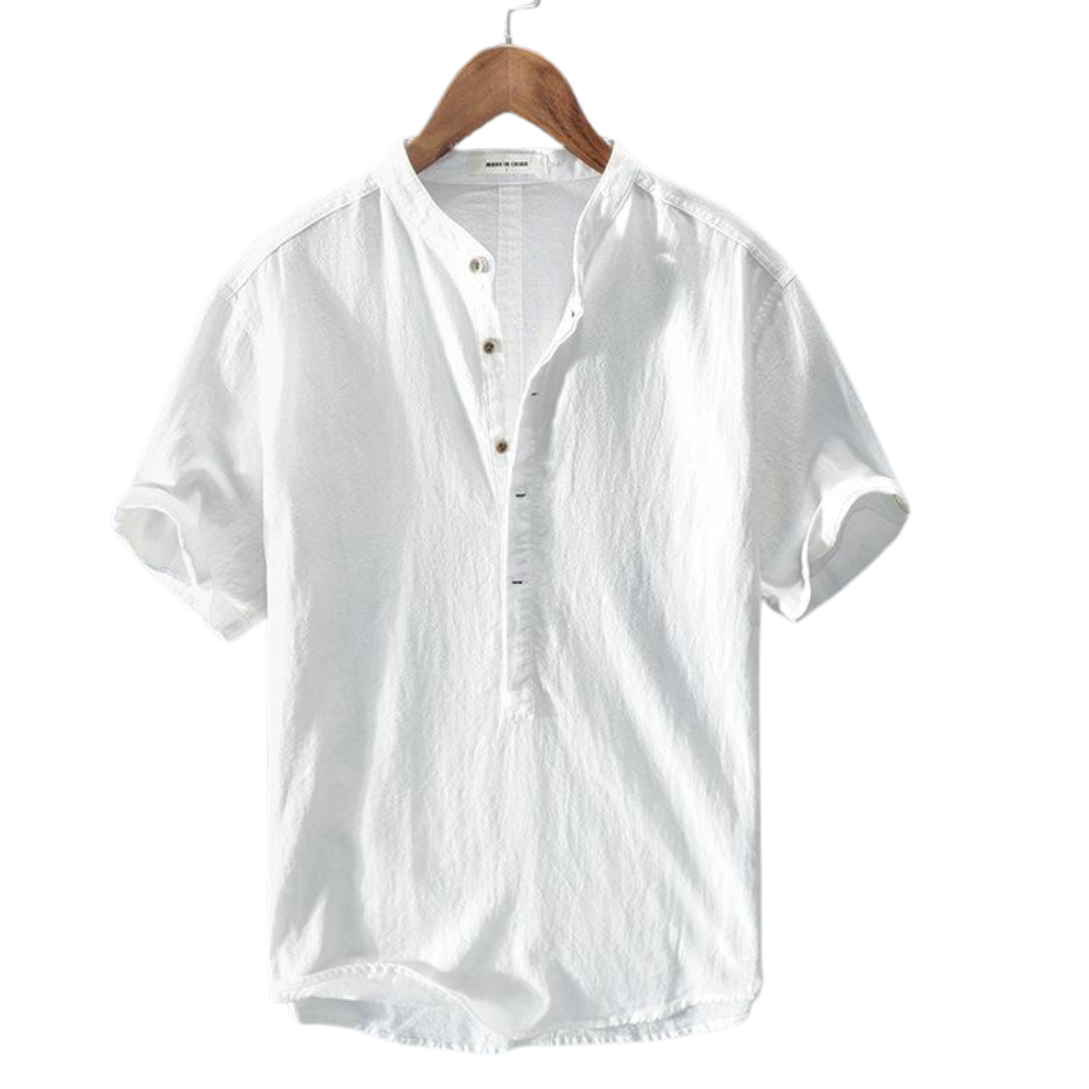 Herren Baumwoll Leinen Shirt mit Stehkragen Kurzarm