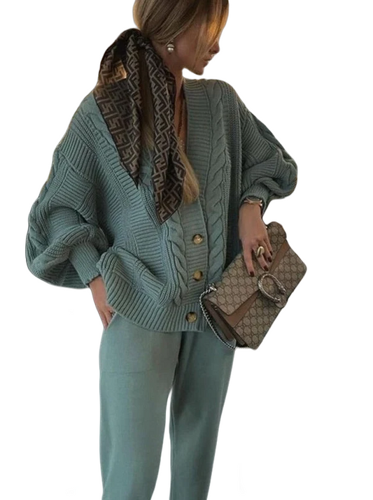 Damen Strick-Zweiteiler mit Cardigan und Hose gemütlich für Herbst und Winter