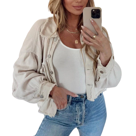 Damen Kurzjacke mit Puffärmeln modisch für Herbst und Frühling
