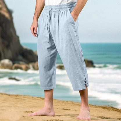 Herren 3/4 Freizeithose aus Baumwoll-Leinen mit elastischem Bund