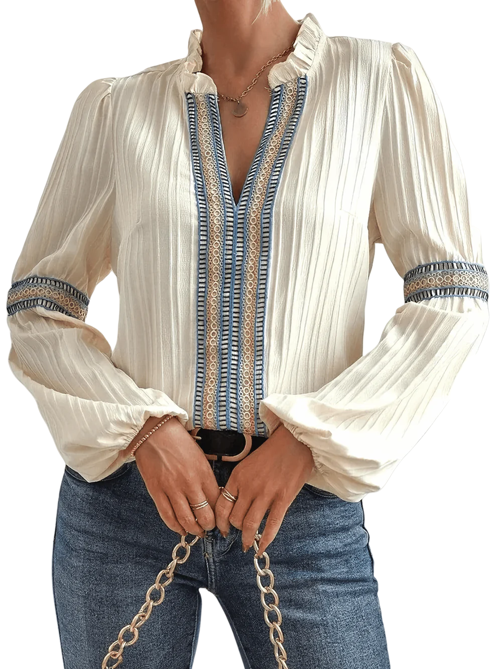 Damen Boho-Bluse mit Stickdetails und weitem Ärmel