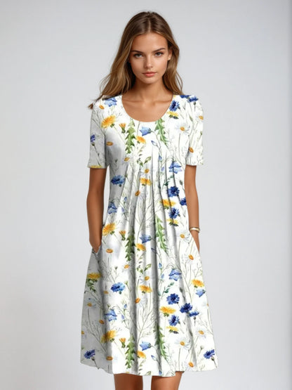 Damen Sommerkleid mit Blumenmuster aus Baumwolle mit kurzen Ärmeln