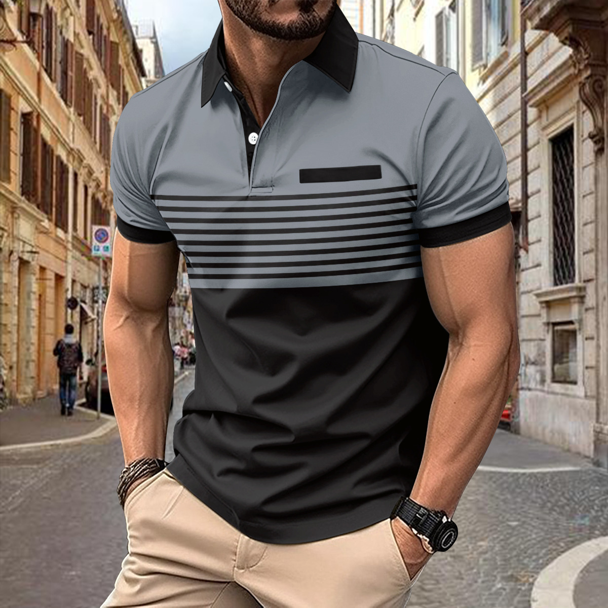 Herren Kurzarm Polohemd mit Kragen und Streifenoptik