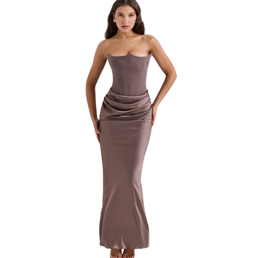Schulterfreies Satin-Maxikleid mit Drapierung