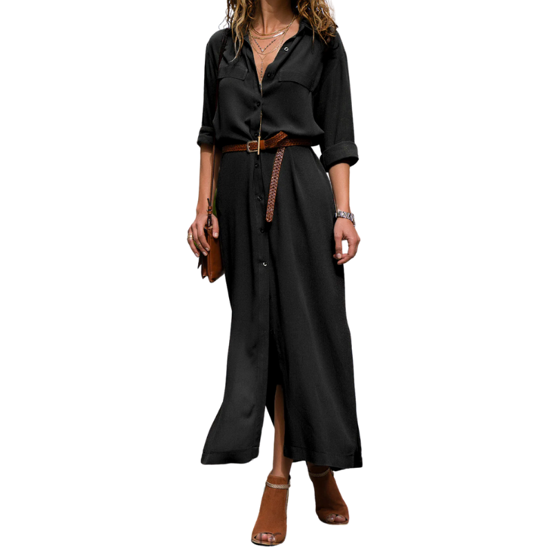 Freizeitkleid Damen Langarm Baumwolle Leinen Knopfkleid