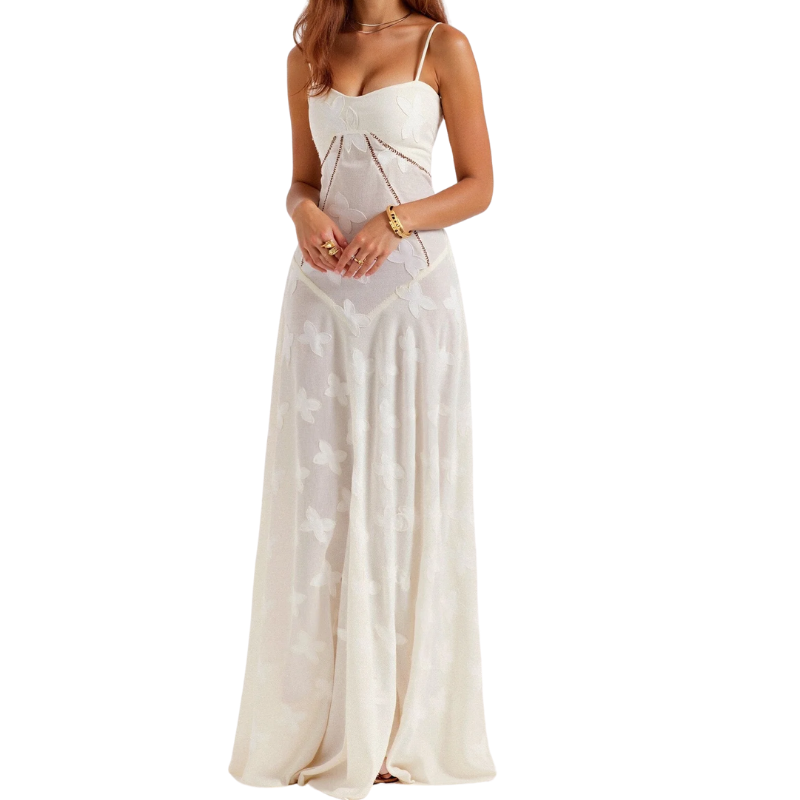 Maxikleid mit Spaghettiträgern und floralen Detail