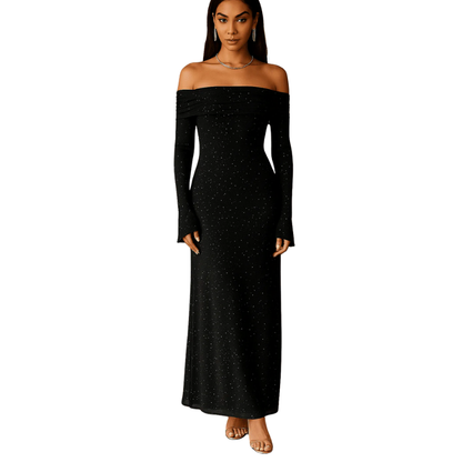 Maxikleid Damen Off Shoulder – Pailletten mit Flounce Ärmeln