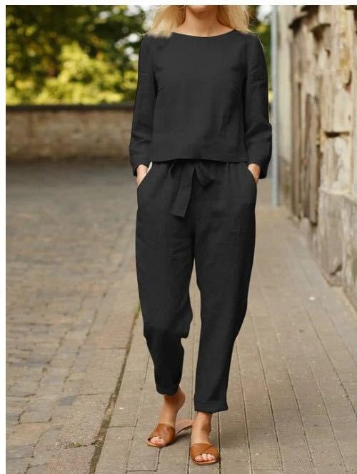 Leinen Set Damen Zweiteiler Shirt Hose Sommer