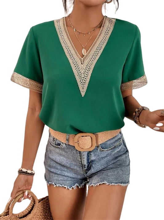 Damen V-Ausschnitt Shirt mit Spitzenbesatz