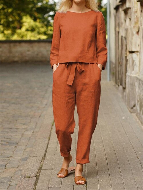 Leinen Set Damen Zweiteiler Shirt Hose Sommer