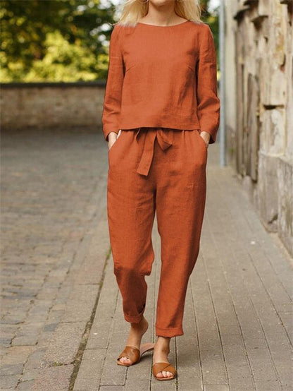 Leinen Set Damen Zweiteiler Shirt Hose Sommer