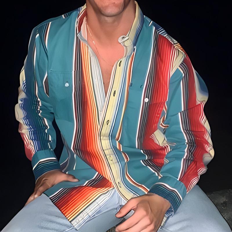 Herrenhemd mit Retro-Farbblock-Streifen und lockerer Passform mit langen Ärmeln