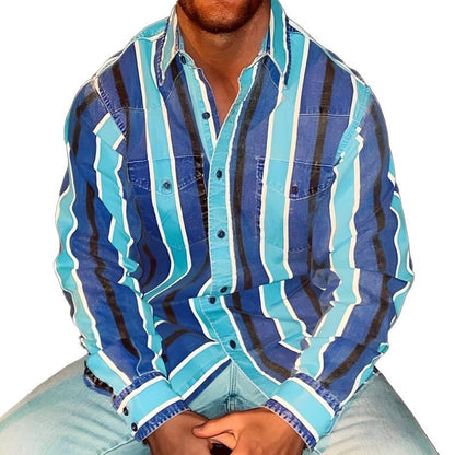 Herrenhemd mit Retro-Farbblock-Streifen und lockerer Passform mit langen Ärmeln