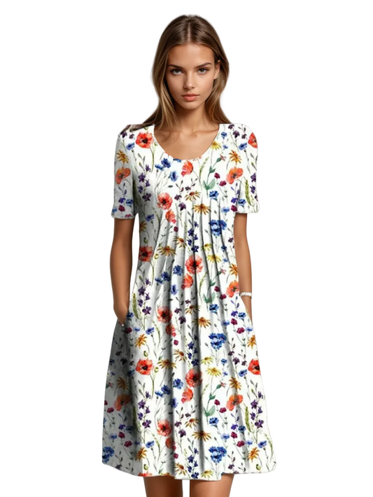 Damen Sommerkleid mit Blumenmuster aus Baumwolle mit kurzen Ärmeln