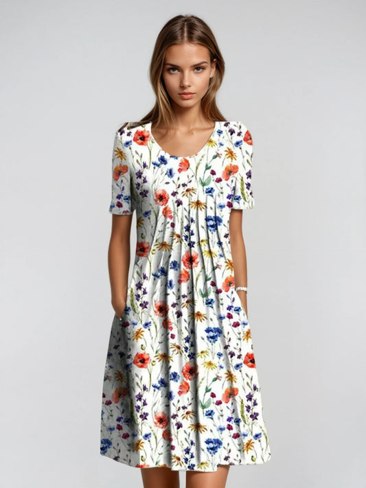 Damen Sommerkleid mit Blumenmuster aus Baumwolle mit kurzen Ärmeln
